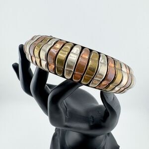 Vintage Hammered Triple-Tone Metal Bangle Bracelet Copper Brass Silver Boho
